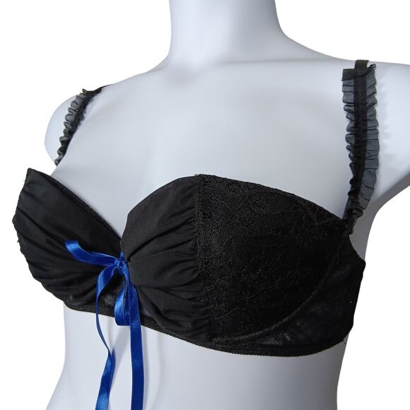Frederick's Bra Lace and Mesh Black with Ruffled Straps and Blue Bow - Picture 4 of 7